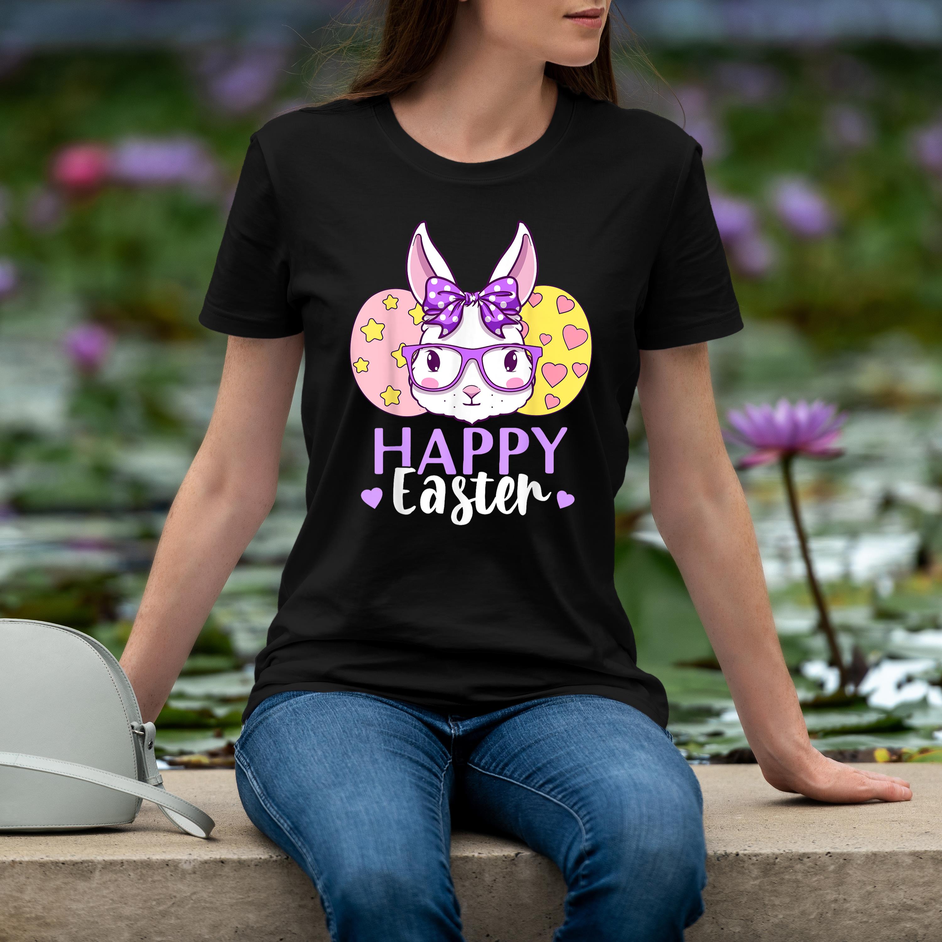 Happy Easter Bunny Face Glasses Bow Girls Easter Day Rabbit Shirt 